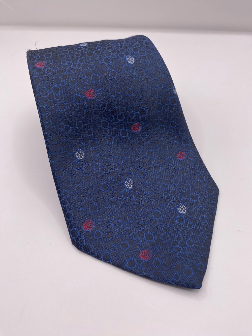 Yves Saint Laurent Navy Blue Silk Tie with Red and Light Blue Dots
